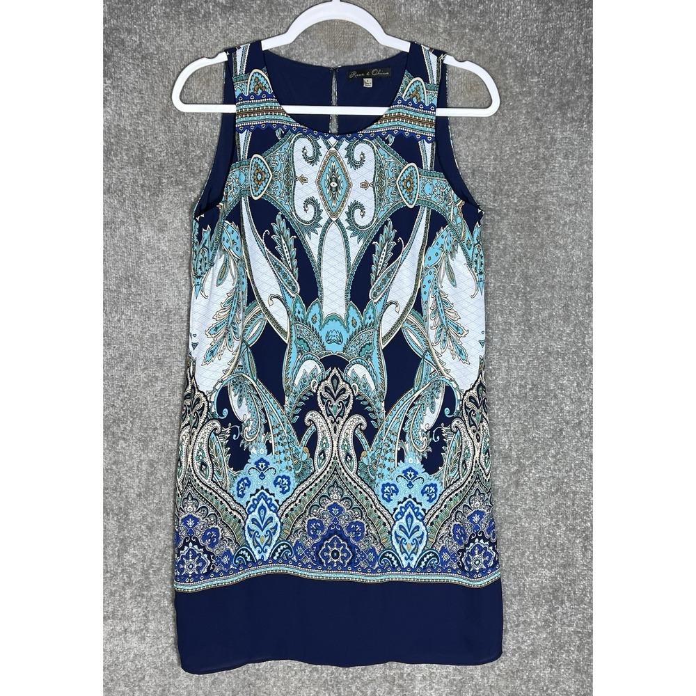 Rose & Olive Sleeveless Scoop Neck Dress Womens Size 4 Blue Paisley Floral Lined